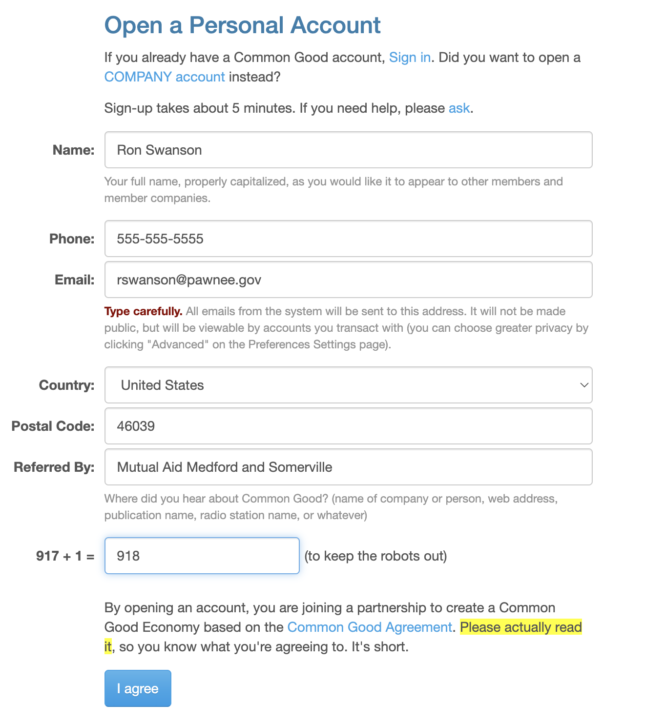 Screenshot showing the Common Good signup screen