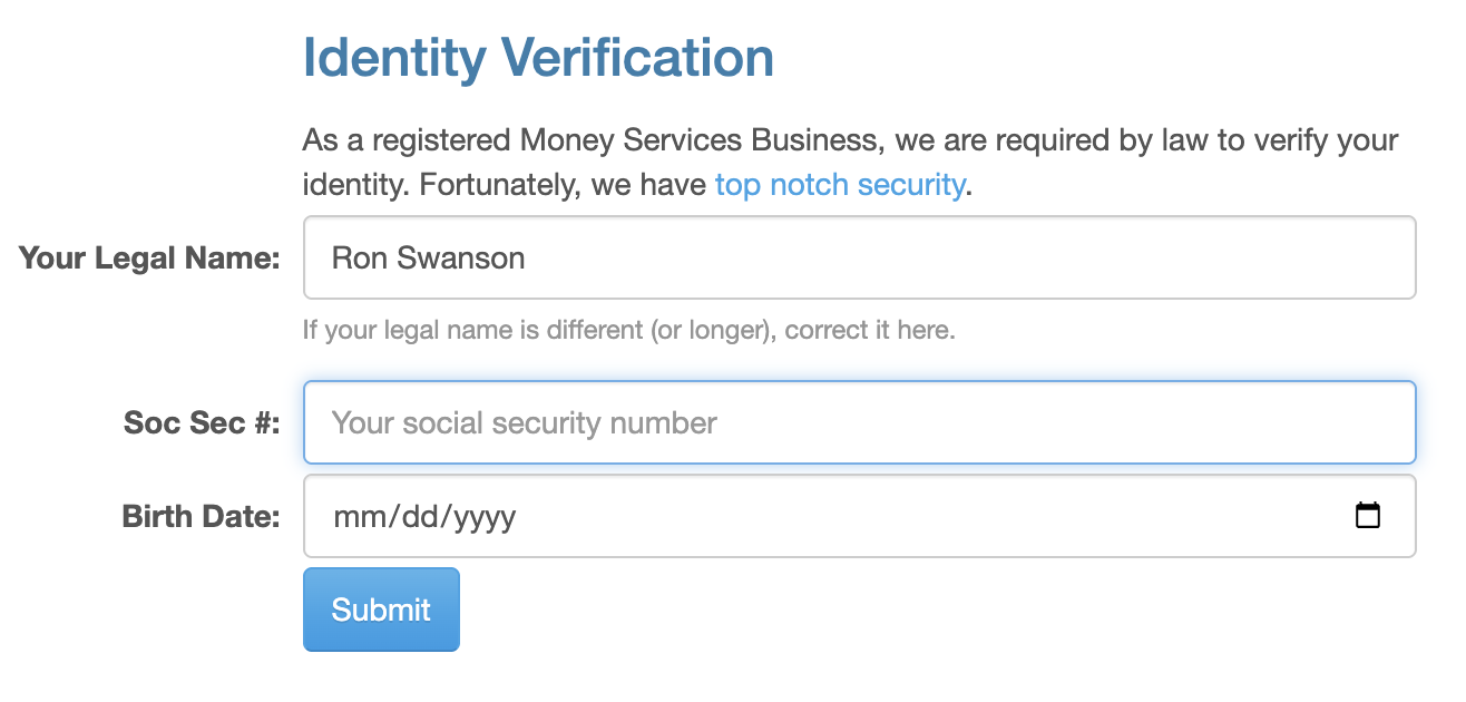 Screenshot showing identity verification fields on Common Good website
